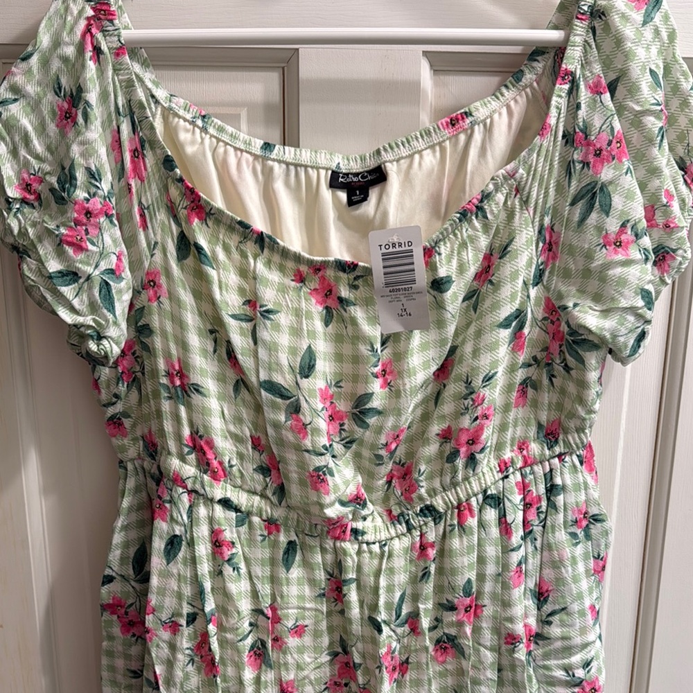 Torrid Mint Green Floral Midi Dress with Pink Accents - Picture 2 of 5